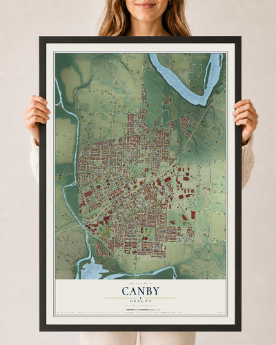 Map of Canby, Oregon, 24 x 36 inch print in a black wood frame