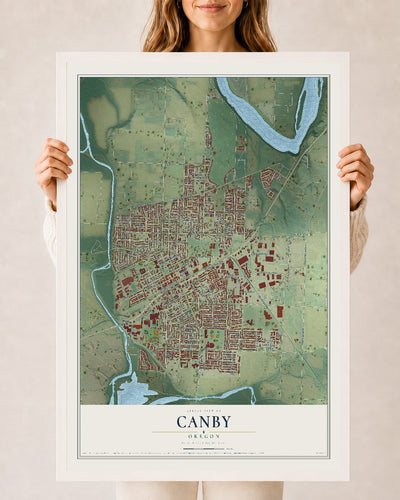 Map of Canby, Oregon, 24 x 36 inch print in a white wood frame
