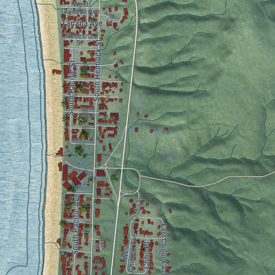 Second close-up of the map of Cannon Beach, Oregon print showing more streets and buildings
