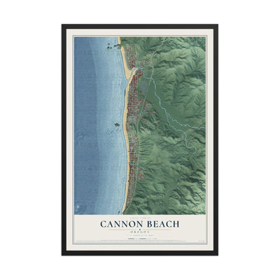 Map of Cannon Beach, Oregon, 12 x 18 inch print in a black wood frame