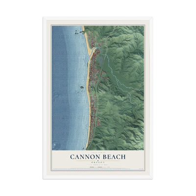 Map of Cannon Beach, Oregon, 12 x 18 inch print in a white wood frame