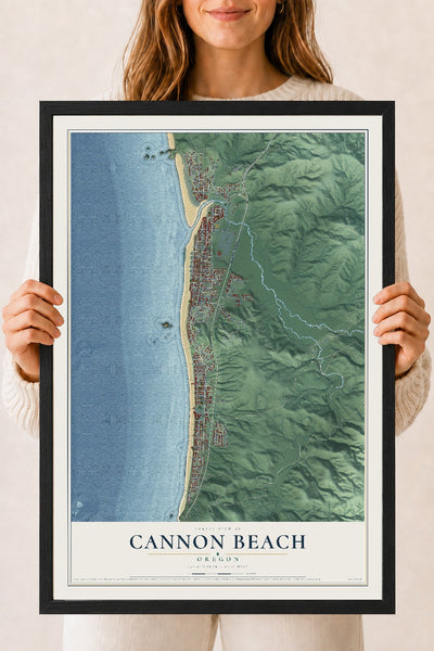 Map of Cannon Beach, Oregon, 18 x 24 inch print in a black wood frame