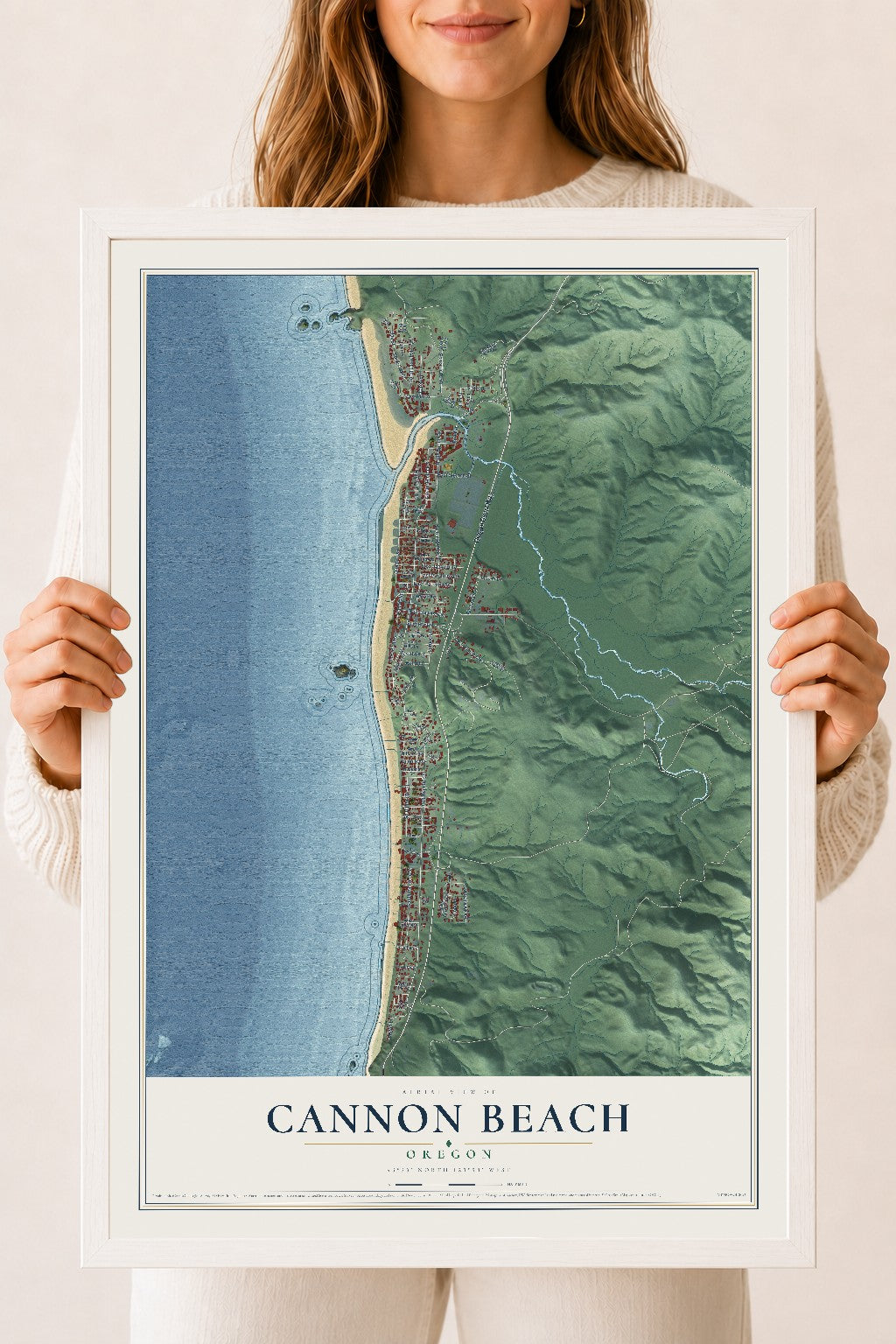 Map of Cannon Beach, Oregon, 18 x 24 inch print in a white wood frame