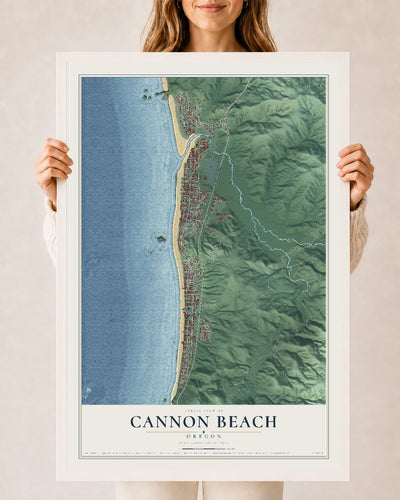 Map of Cannon Beach, Oregon, 24 x 36 inch print in a white wood frame