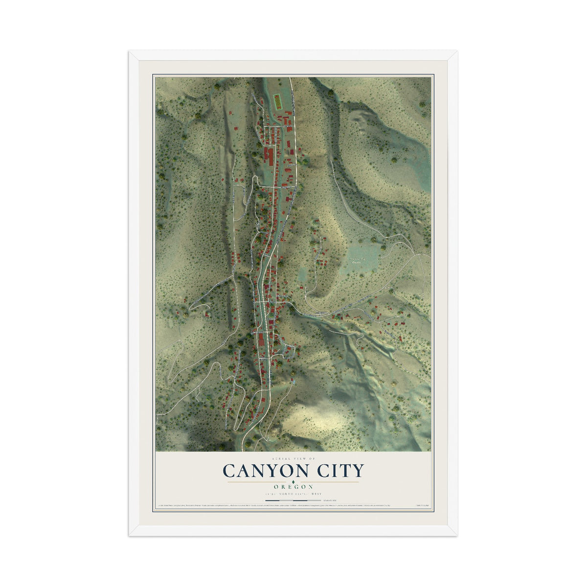 Map of Canyon City, Oregon, 12 x 18 inch print in a white wood frame