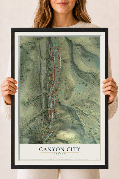 Map of Canyon City, Oregon, 18 x 24 inch print in a black wood frame