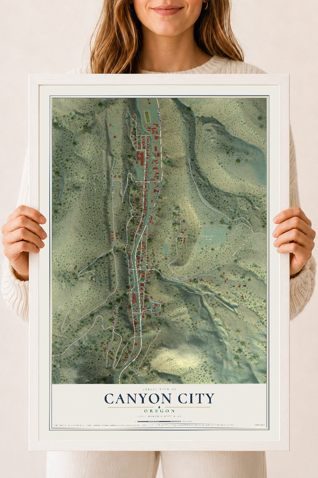 Map of Canyon City, Oregon, 18 x 24 inch print in a white wood frame