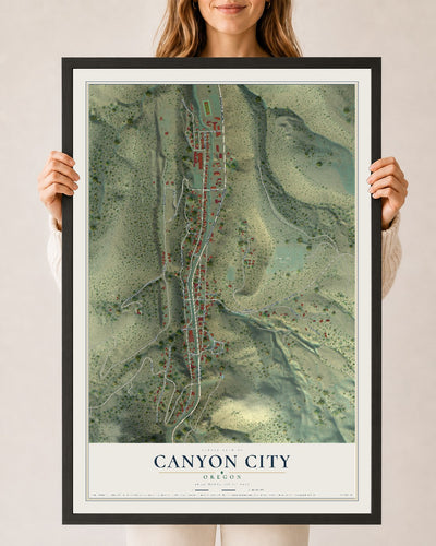 Map of Canyon City, Oregon, 24 x 36 inch print in a black wood frame