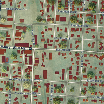 Close-up of the map of Carlton, Oregon print showing street and building detail
