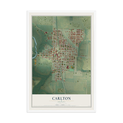 Map of Carlton, Oregon, 12 x 18 inch print in a white wood frame