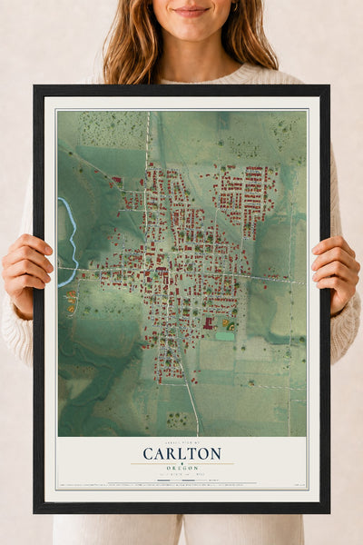 Map of Carlton, Oregon, 18 x 24 inch print in a black wood frame