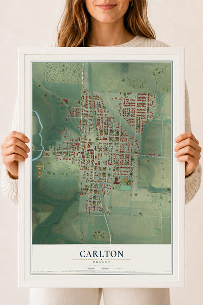 Map of Carlton, Oregon, 18 x 24 inch print in a white wood frame