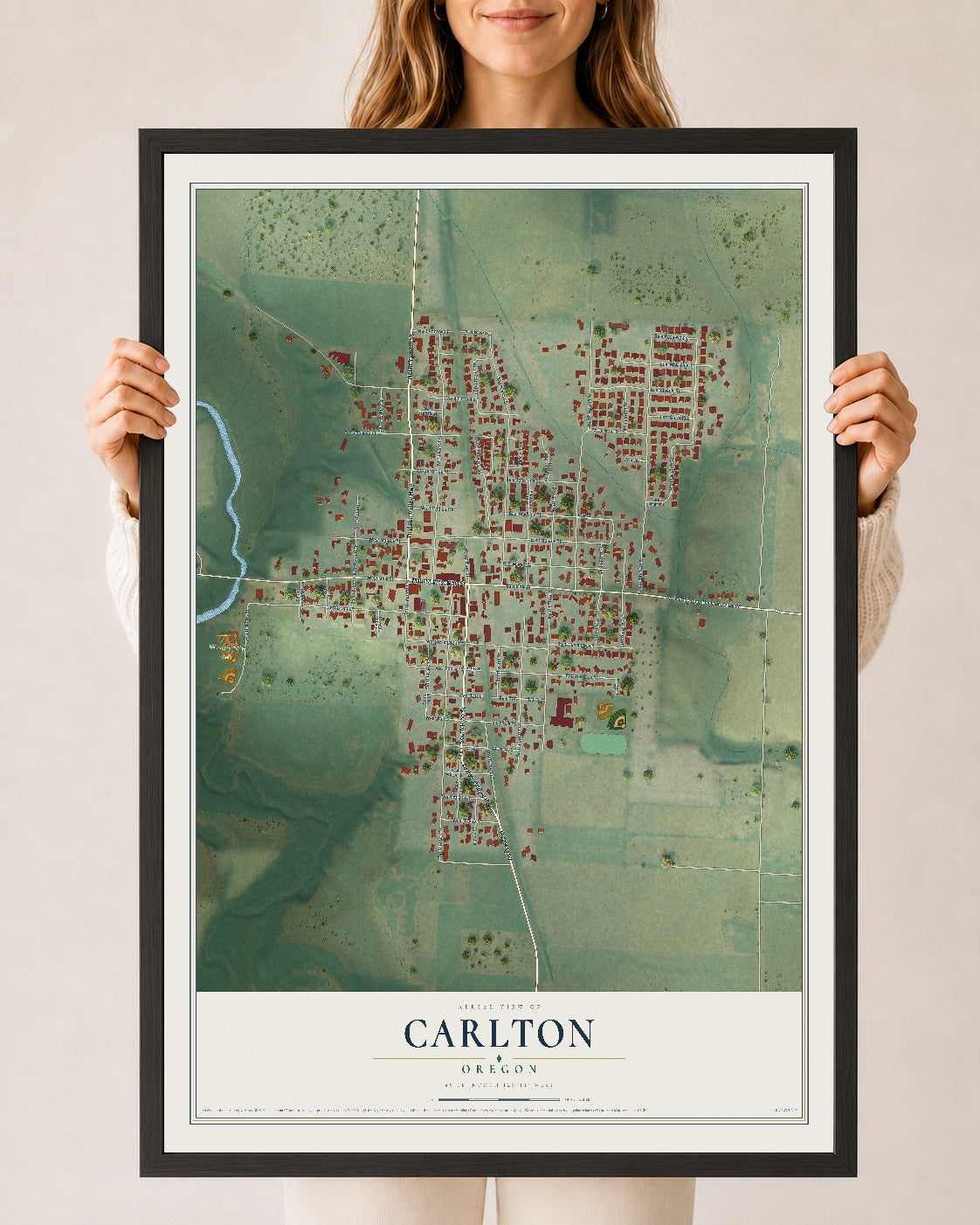 Map of Carlton, Oregon, 24 x 36 inch print in a black wood frame
