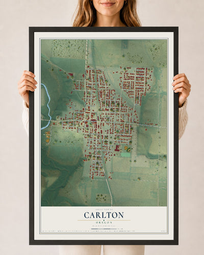 Map of Carlton, Oregon, 24 x 36 inch print in a black wood frame