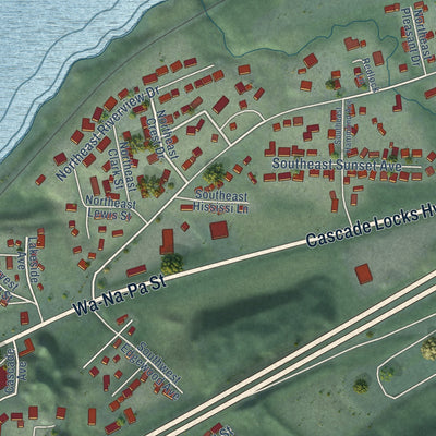 Close-up of the map of Cascade Locks, Oregon print showing street and building detail