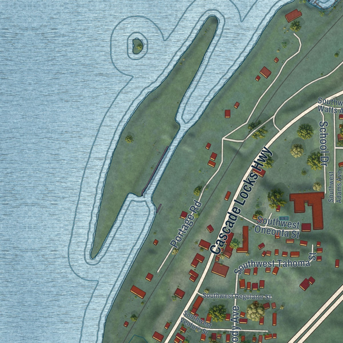 Second close-up of the map of Cascade Locks, Oregon print showing more streets and buildings