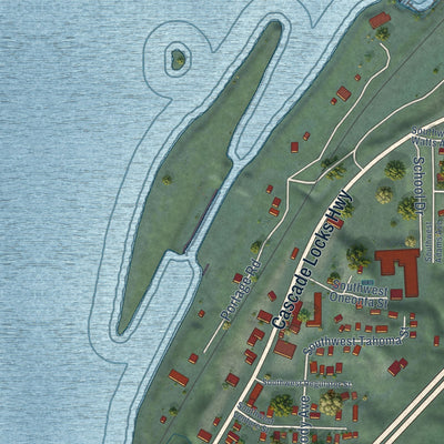 Second close-up of the map of Cascade Locks, Oregon print showing more streets and buildings