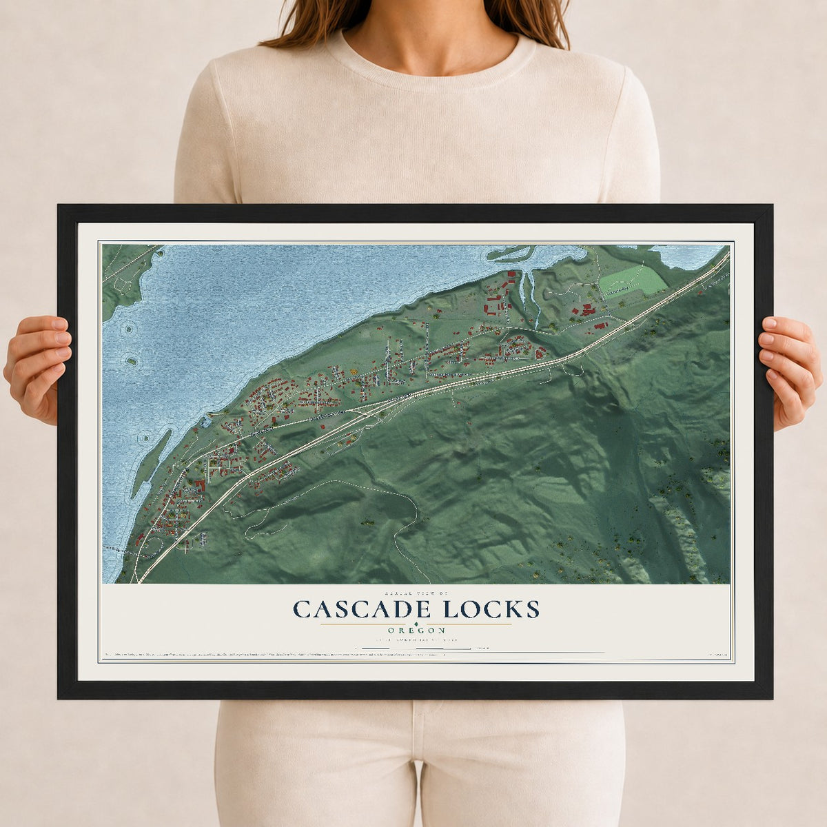 Map of Cascade Locks, Oregon, 12 x 18 inch print in a black wood frame