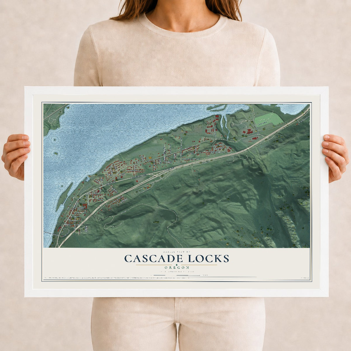 Map of Cascade Locks, Oregon, 12 x 18 inch print in a white wood frame