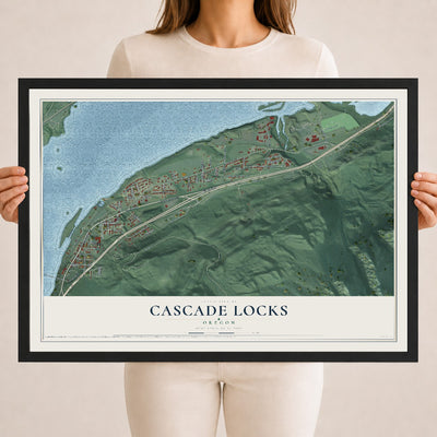 Map of Cascade Locks, Oregon, 18 x 24 inch print in a black wood frame