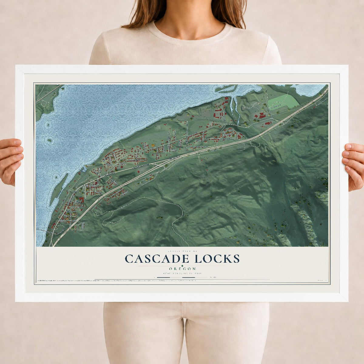 Map of Cascade Locks, Oregon, 18 x 24 inch print in a white wood frame
