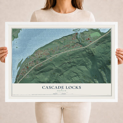 Map of Cascade Locks, Oregon, 18 x 24 inch print in a white wood frame