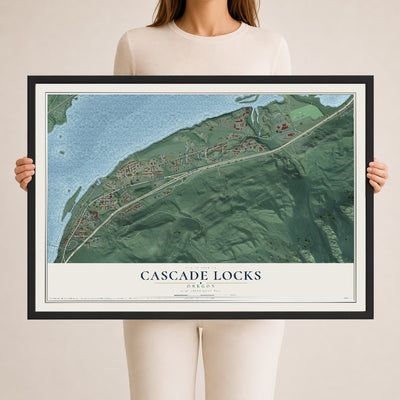 Map of Cascade Locks, Oregon, 24 x 36 inch print in a black wood frame