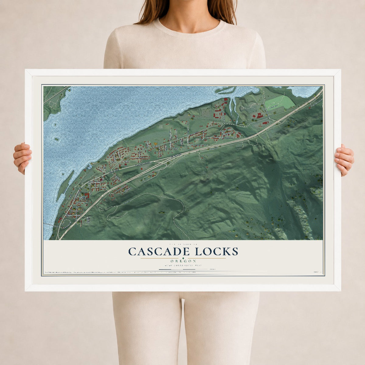 Map of Cascade Locks, Oregon, 24 x 36 inch print in a white wood frame