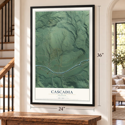 Cascadia, Oregon map, 24 x 36 inch print in a black frame by a staircase
