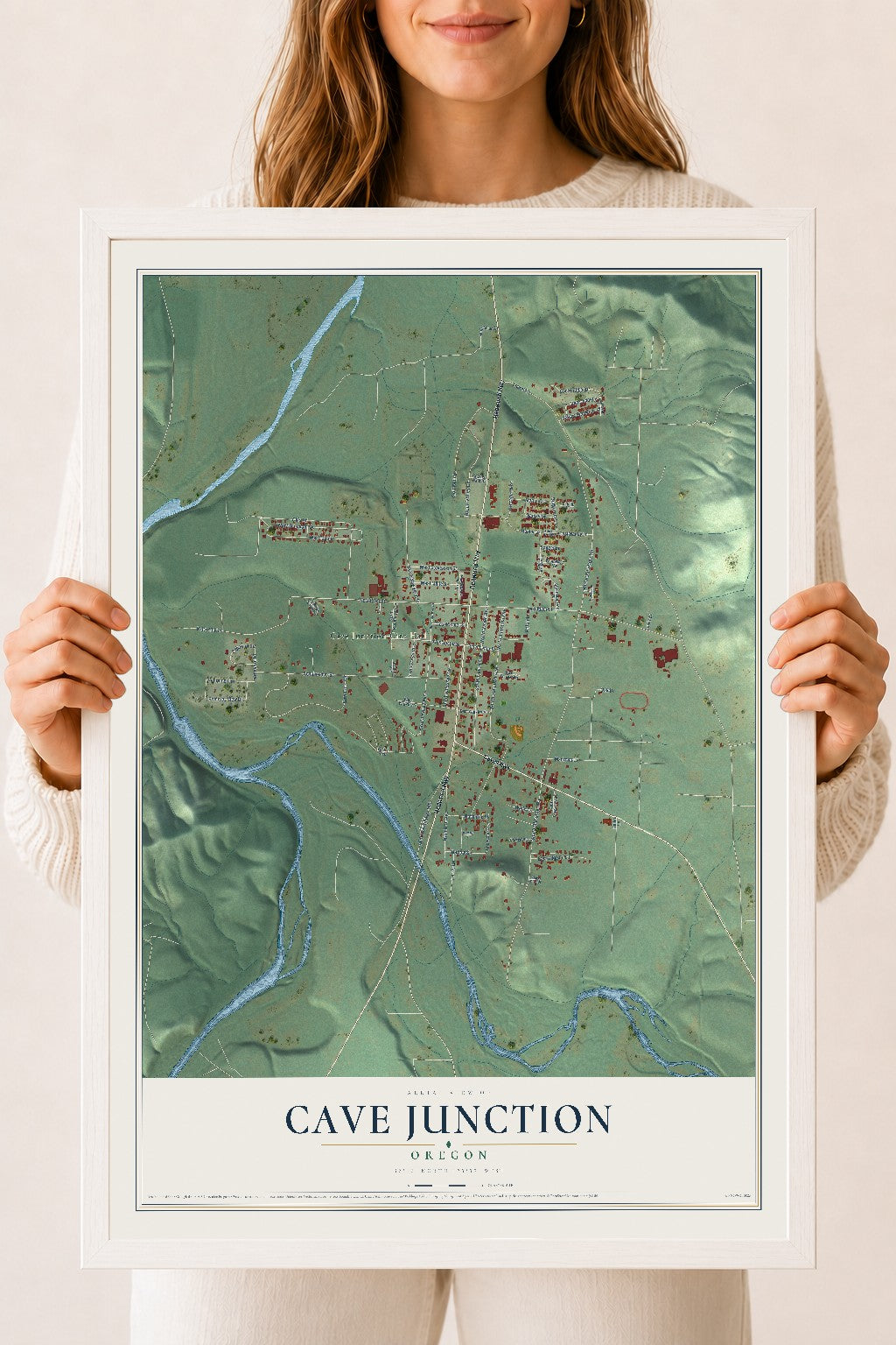 Map of Cave Junction, Oregon, 18 x 24 inch print in a white wood frame