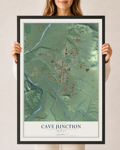 Map of Cave Junction, Oregon, 24 x 36 inch print in a black wood frame