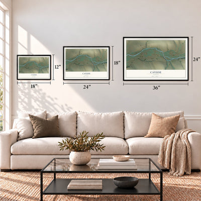 Cayuse, Oregon map in 12 x 18, 18 x 24 and 24 x 36 inch sizes above a sofa