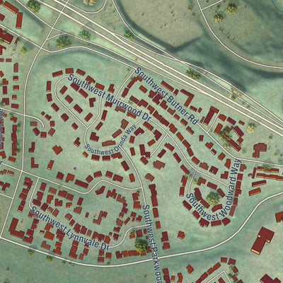 Second close-up of the map of Cedar Hills, Oregon print showing more streets and buildings