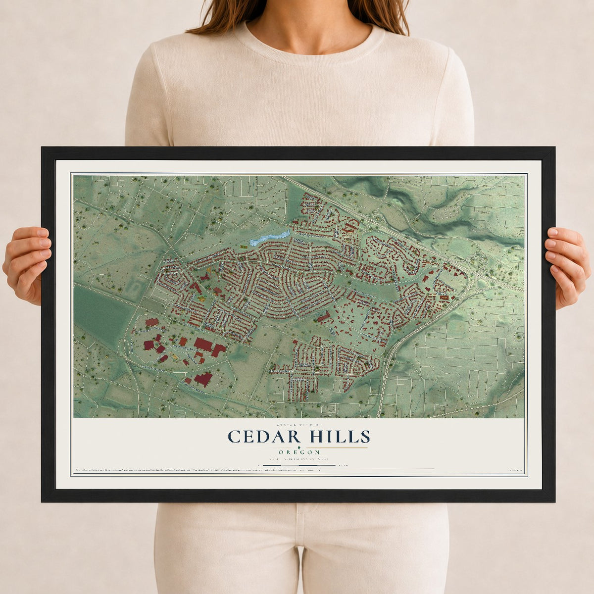 Map of Cedar Hills, Oregon, 12 x 18 inch print in a black wood frame