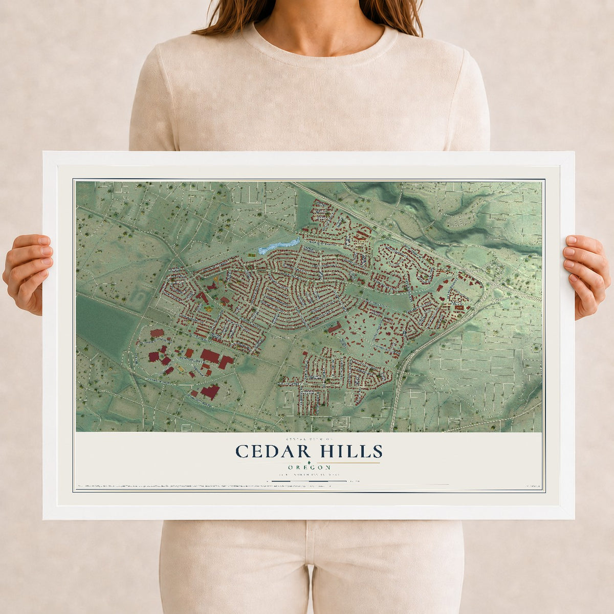 Map of Cedar Hills, Oregon, 12 x 18 inch print in a white wood frame