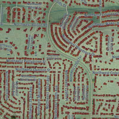 Close-up of the map of Cedar Mill, Oregon print showing street and building detail