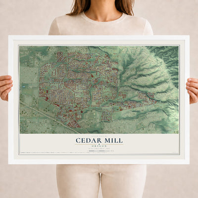 Map of Cedar Mill, Oregon, 18 x 24 inch print in a white wood frame