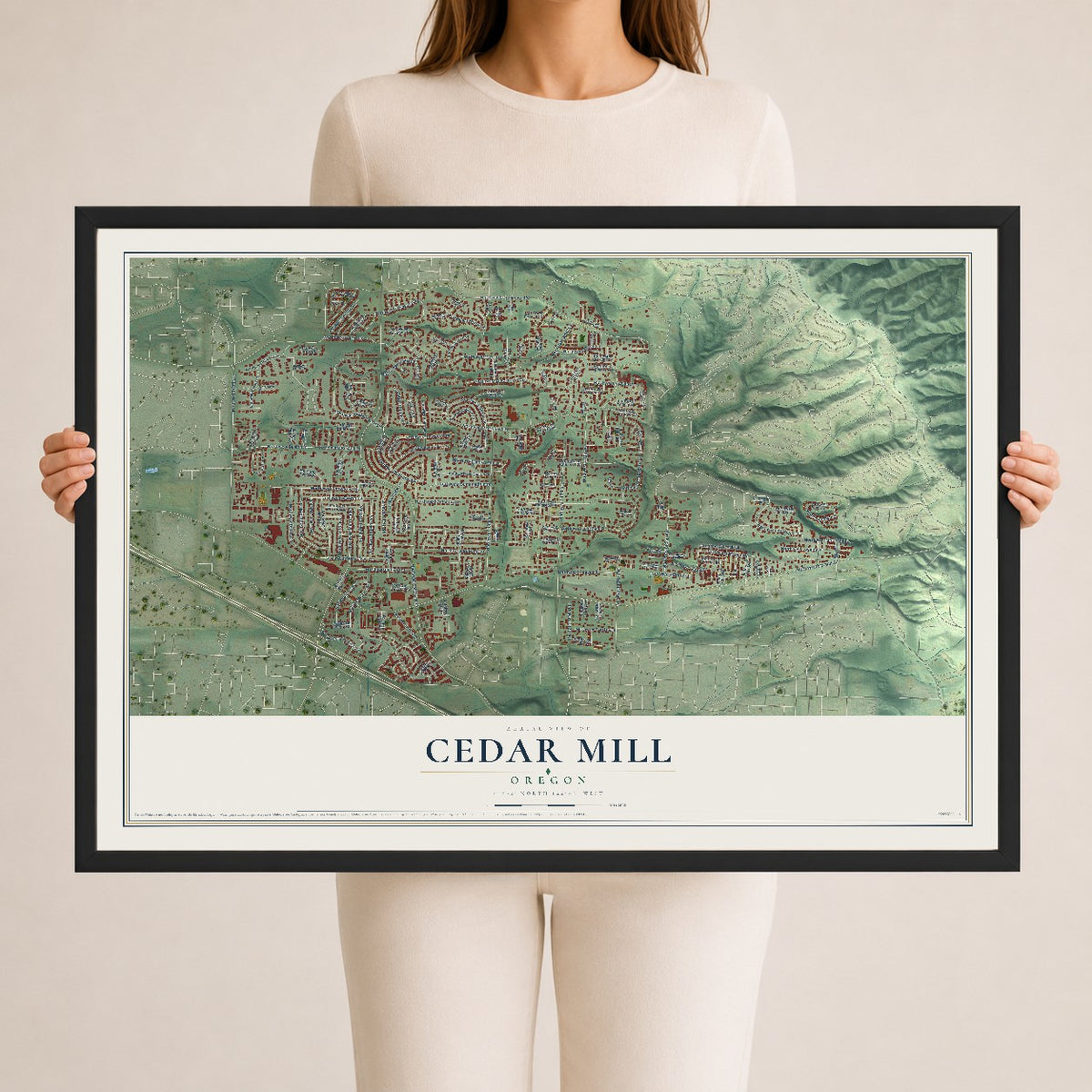 Map of Cedar Mill, Oregon, 24 x 36 inch print in a black wood frame