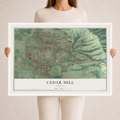 Map of Cedar Mill, Oregon, 24 x 36 inch print in a white wood frame
