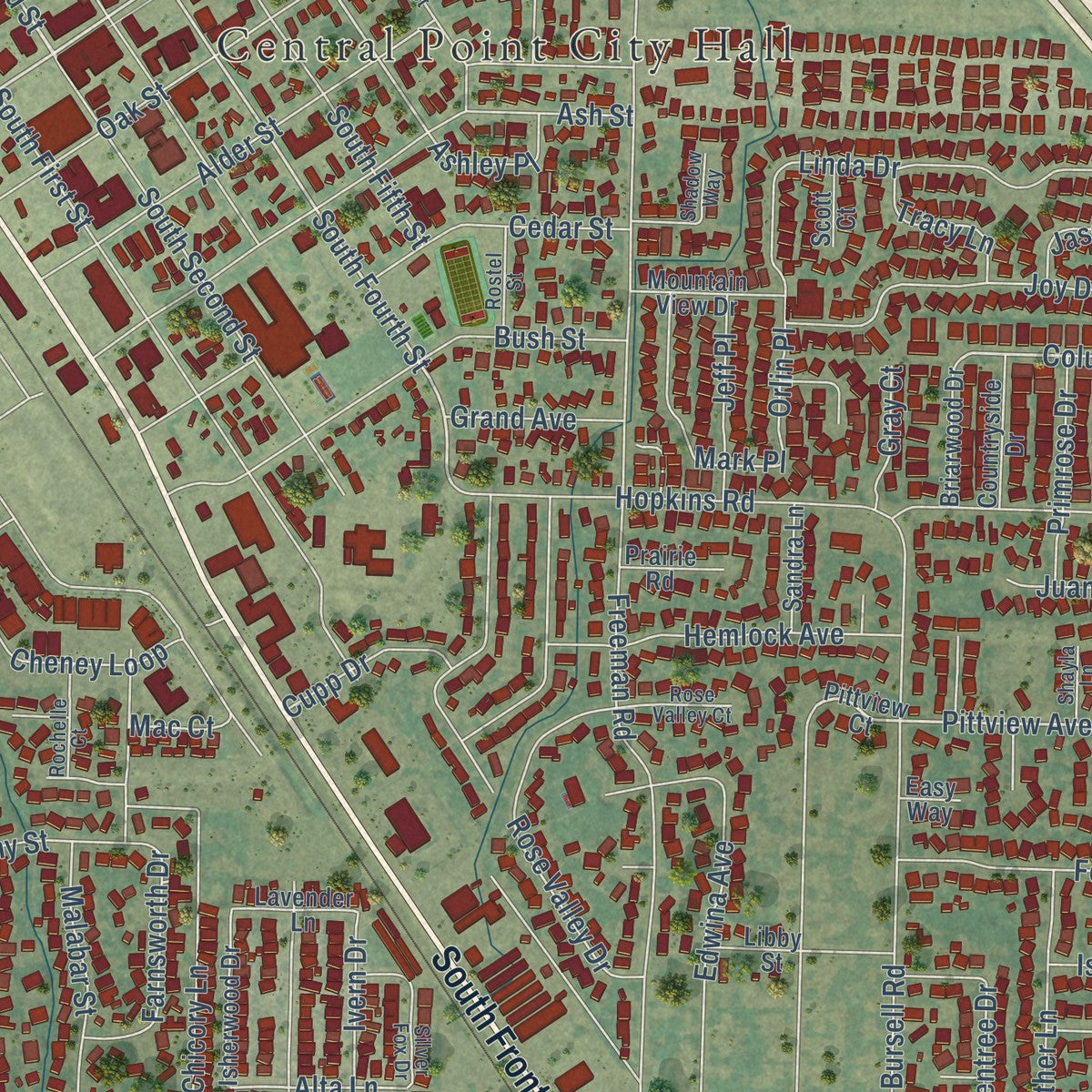 Close-up of the map of Central Point, Oregon print showing street and building detail