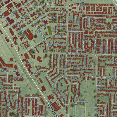 Close-up of the map of Central Point, Oregon print showing street and building detail
