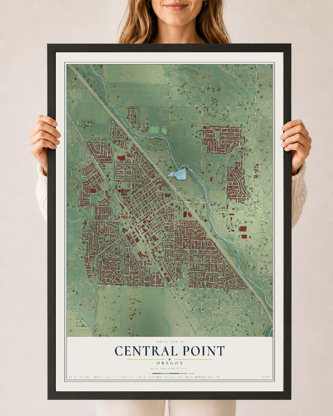 Map of Central Point, Oregon, 24 x 36 inch print in a black wood frame