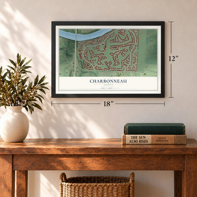 Charbonneau, Oregon map, 12 x 18 inch print in a black frame in an entryway