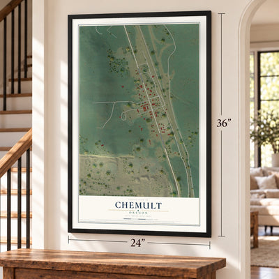 Chemult, Oregon map, 24 x 36 inch print in a black frame by a staircase