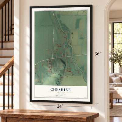 Cheshire, Oregon map, 24 x 36 inch print in a black frame by a staircase