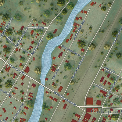Close-up of the map of Chiloquin, Oregon print showing street and building detail