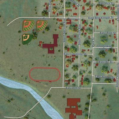 Second close-up of the map of Chiloquin, Oregon print showing more streets and buildings