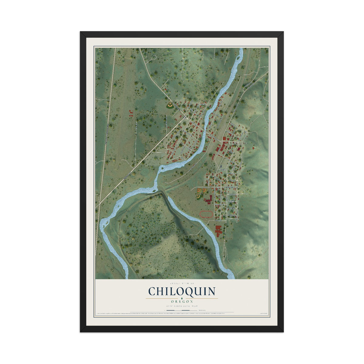 Map of Chiloquin, Oregon, 12 x 18 inch print in a black wood frame