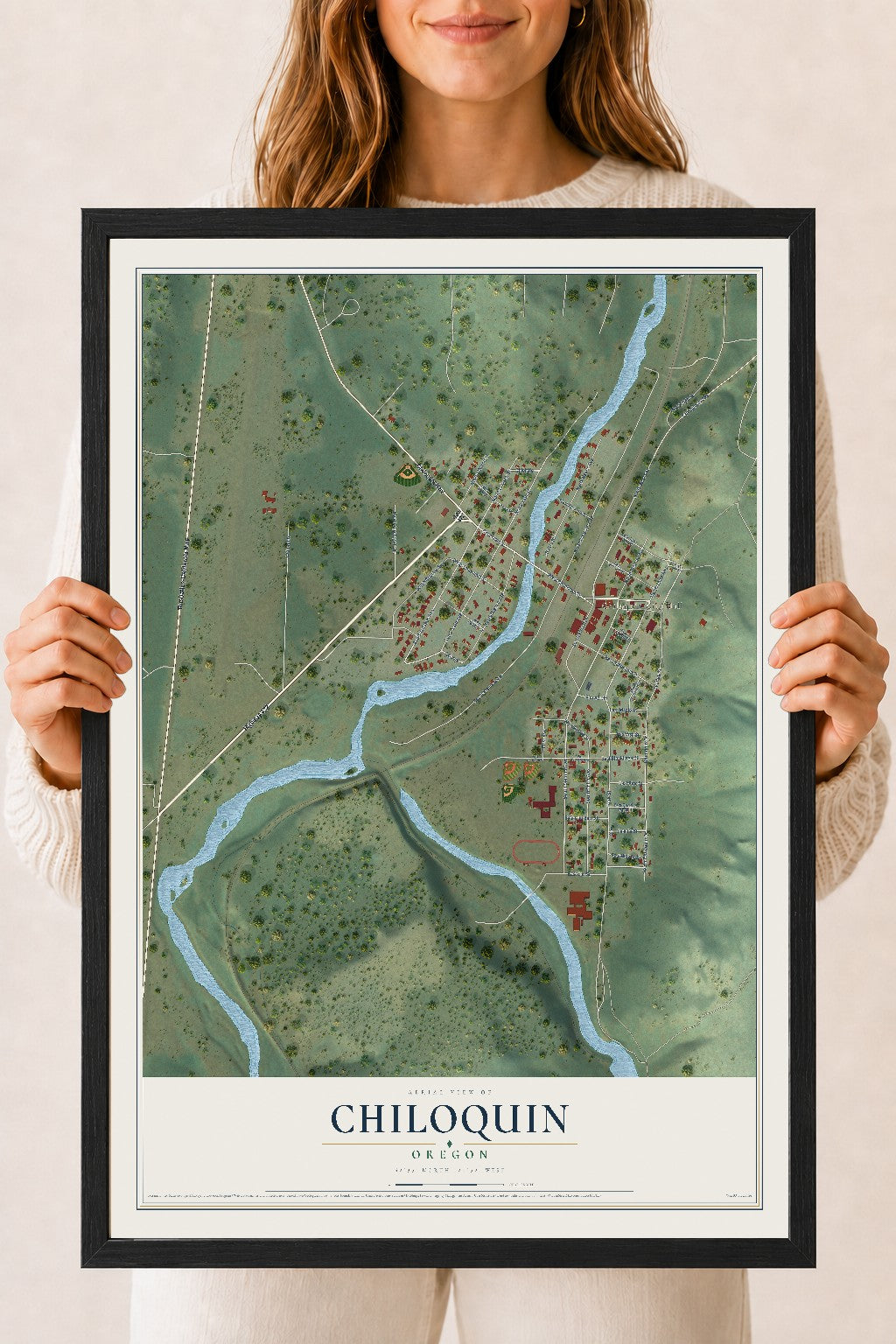 Map of Chiloquin, Oregon, 18 x 24 inch print in a black wood frame