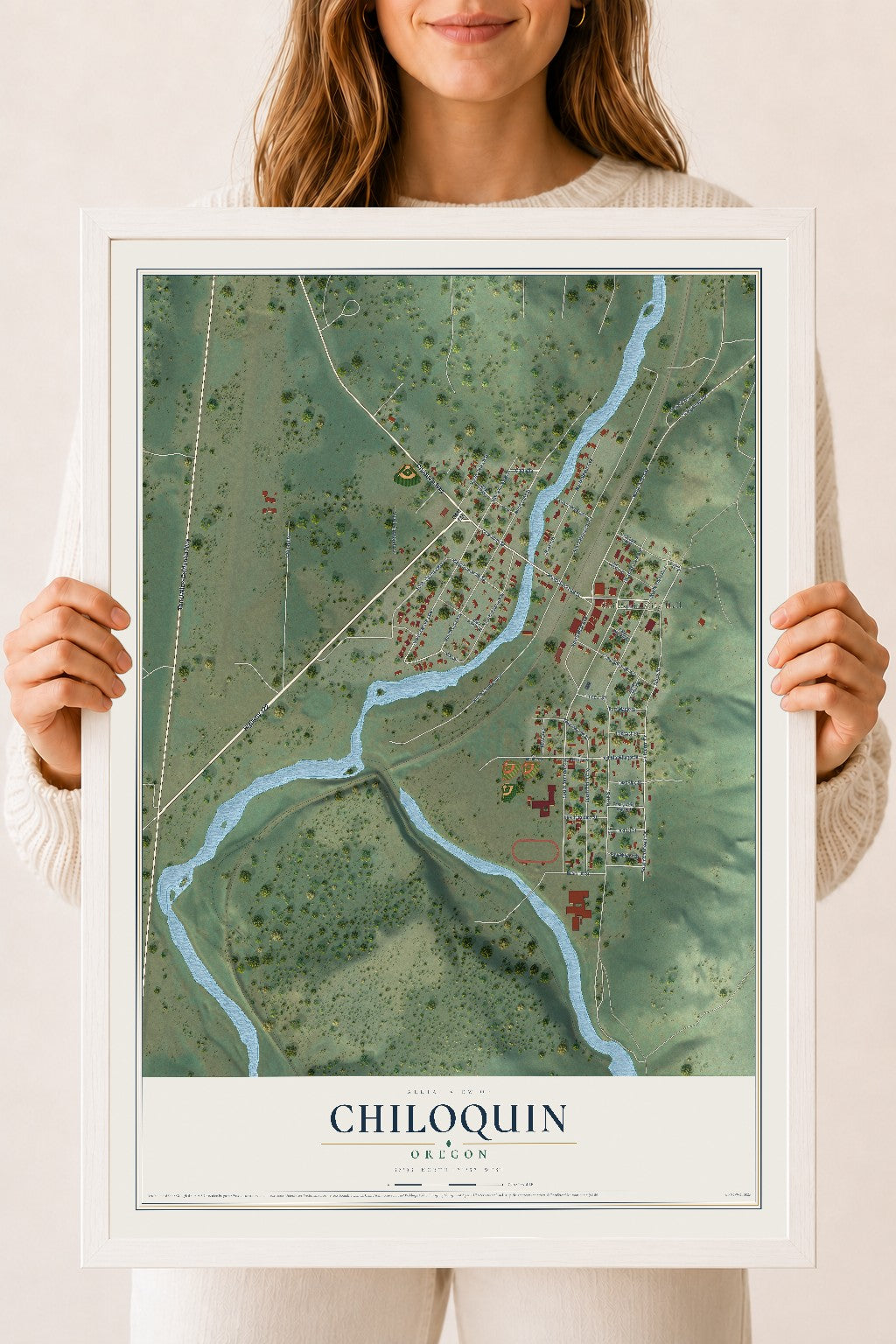 Map of Chiloquin, Oregon, 18 x 24 inch print in a white wood frame